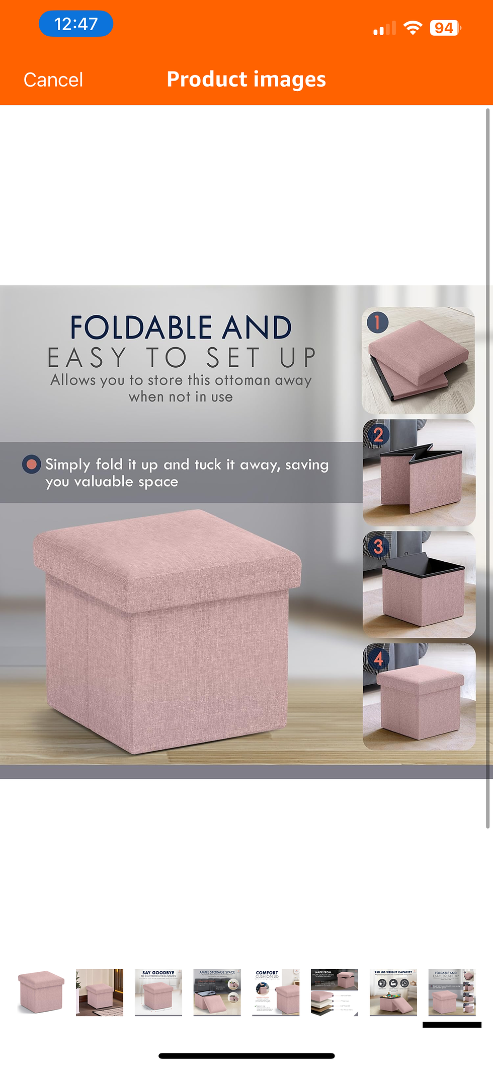Thumbnail: Ornavo Home Small Storage Ottoman Foldable Collapsible Cube Square Linen Ottoman