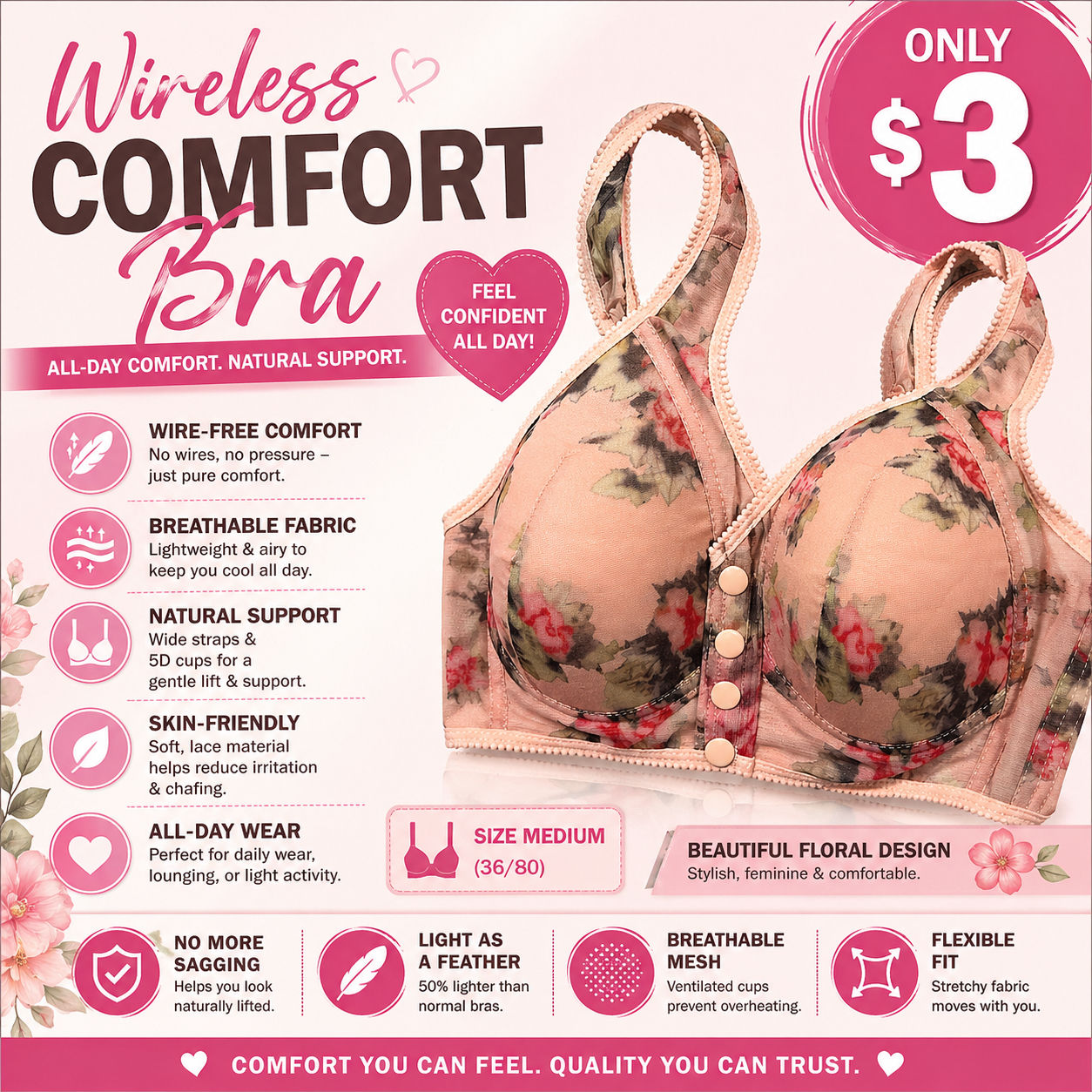 Wireless Comfort Support Bra (Floral Lace – Medium)