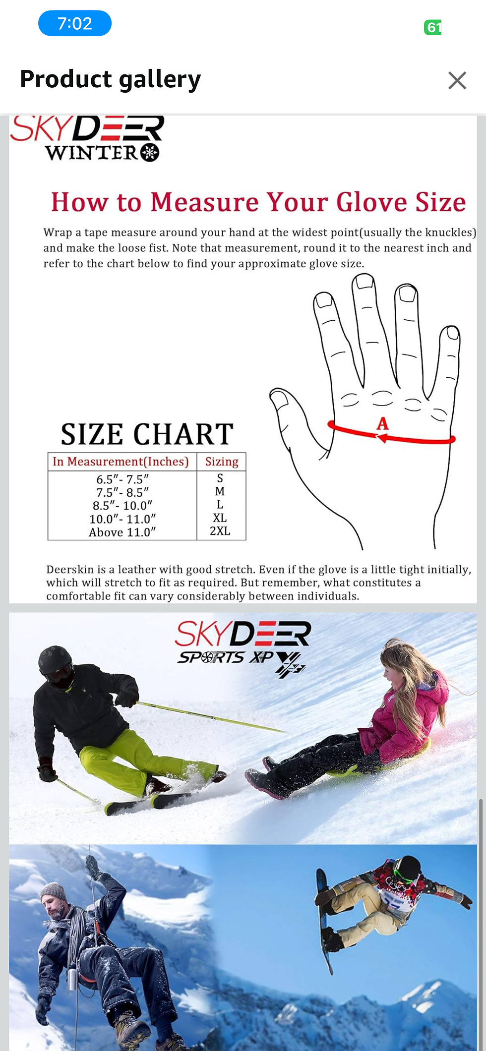Thumbnail: SKYDEER Waterproof and Windproof Genuine Deerskin Leather Ski Gloves with 150G 3