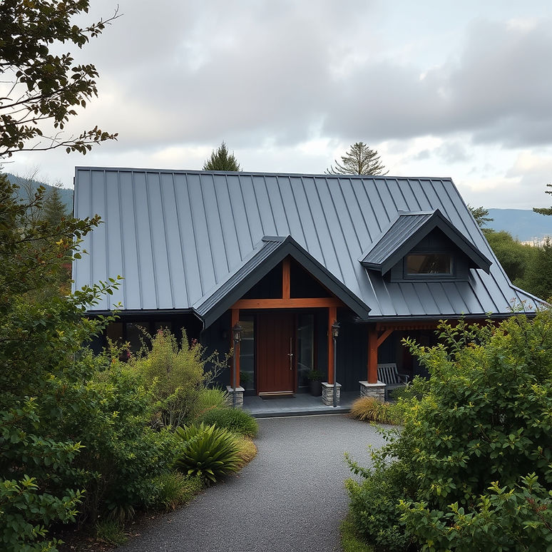 Architectural Metal Roofing Beatiful house surrounded by bush. With a very dark grey finis
