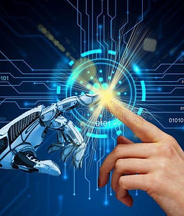 AI, Machine learning, Hands of robot and human touching on big data network connection b.j