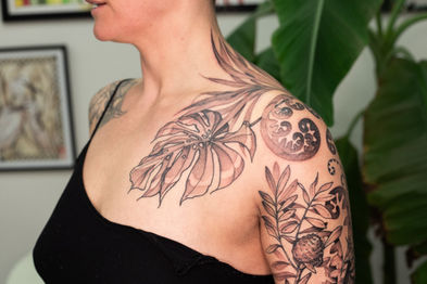 Fine line botanical tattoo by Nadadora Tattoo in Nelson NZ