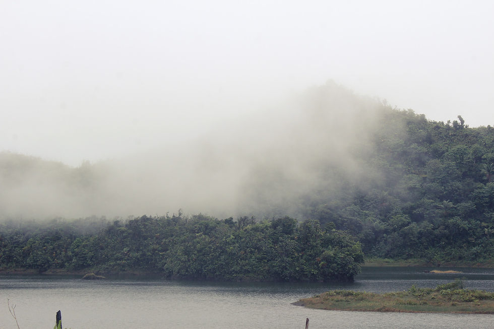 Freshwater Lake with mist covering the mountains