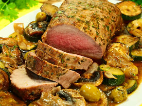 Rôti de Bœuf aux Courgettes, Champignons et Olives Vertes