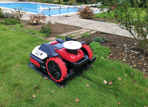 Robot mower on charging mat in a garden.