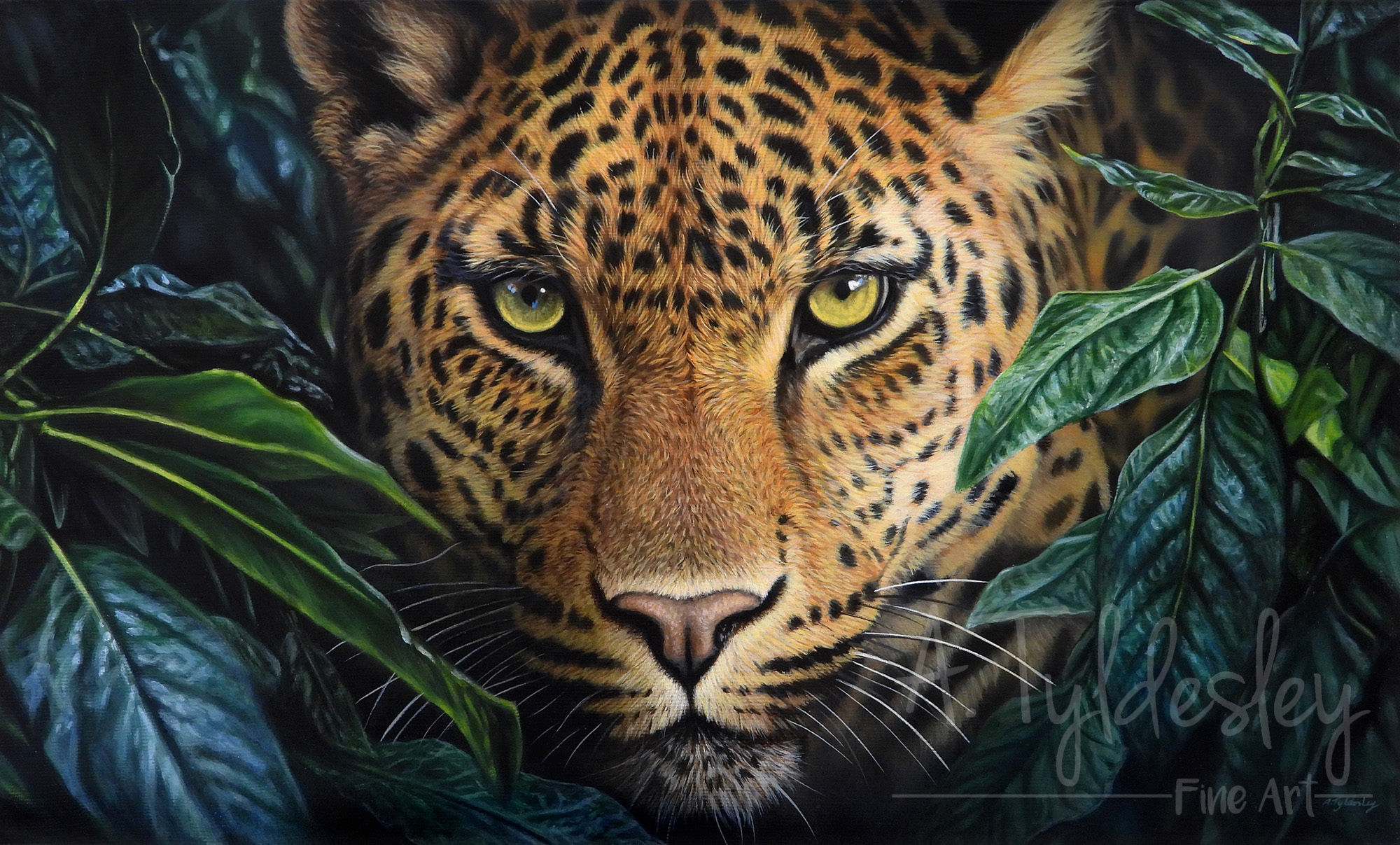 Realistic original artwork featuring a leopard in rainforest foliage by wildlife artist