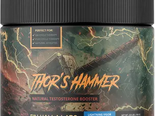 Container of Thor's Hammer natural testosterone booster by Valhalla Labs. Features lightning and Thor's hammer art, with a dark, stormy design.