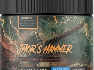 Container of Thor's Hammer natural testosterone booster by Valhalla Labs. Features lightning and Thor's hammer art, with a dark, stormy design.