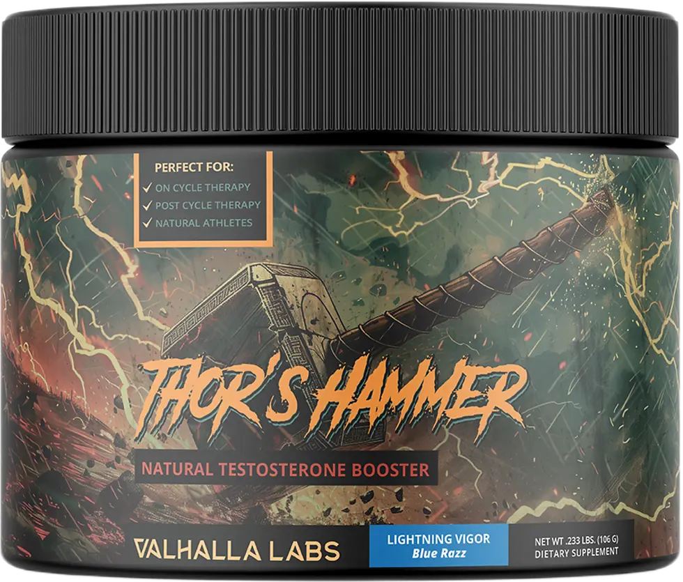 Container of Thor's Hammer natural testosterone booster by Valhalla Labs. Features lightning and Thor's hammer art, with a dark, stormy design.