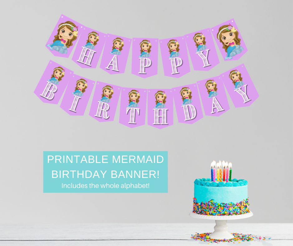 mermaid birthday party banner says "happy birthday"