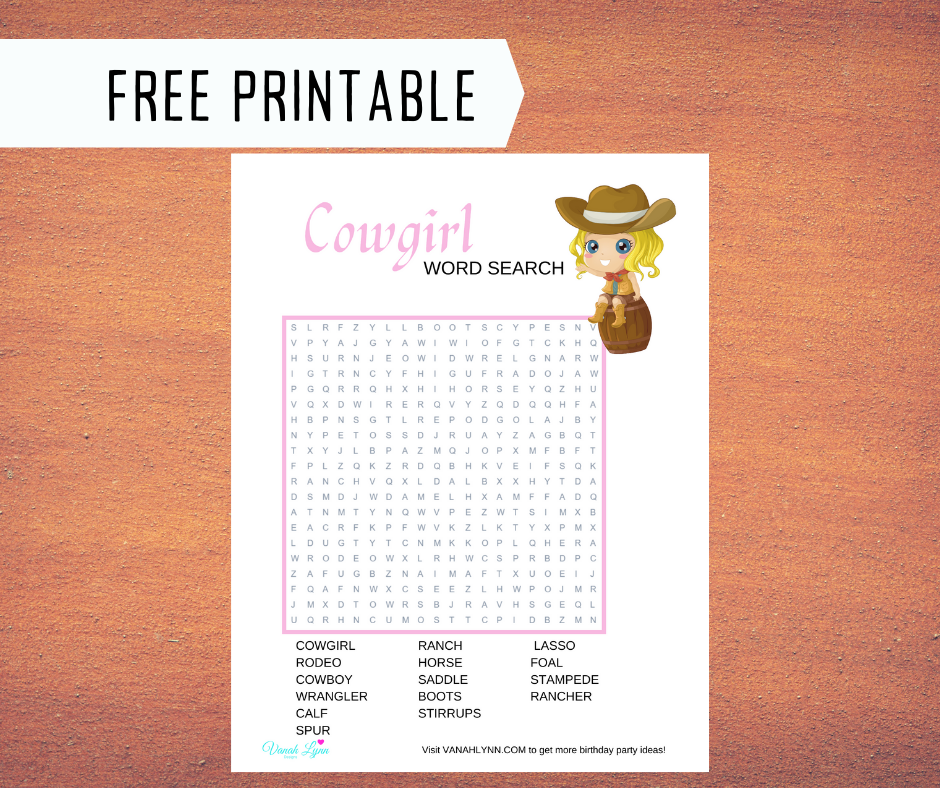 cowgirl word search for a kids birthday party