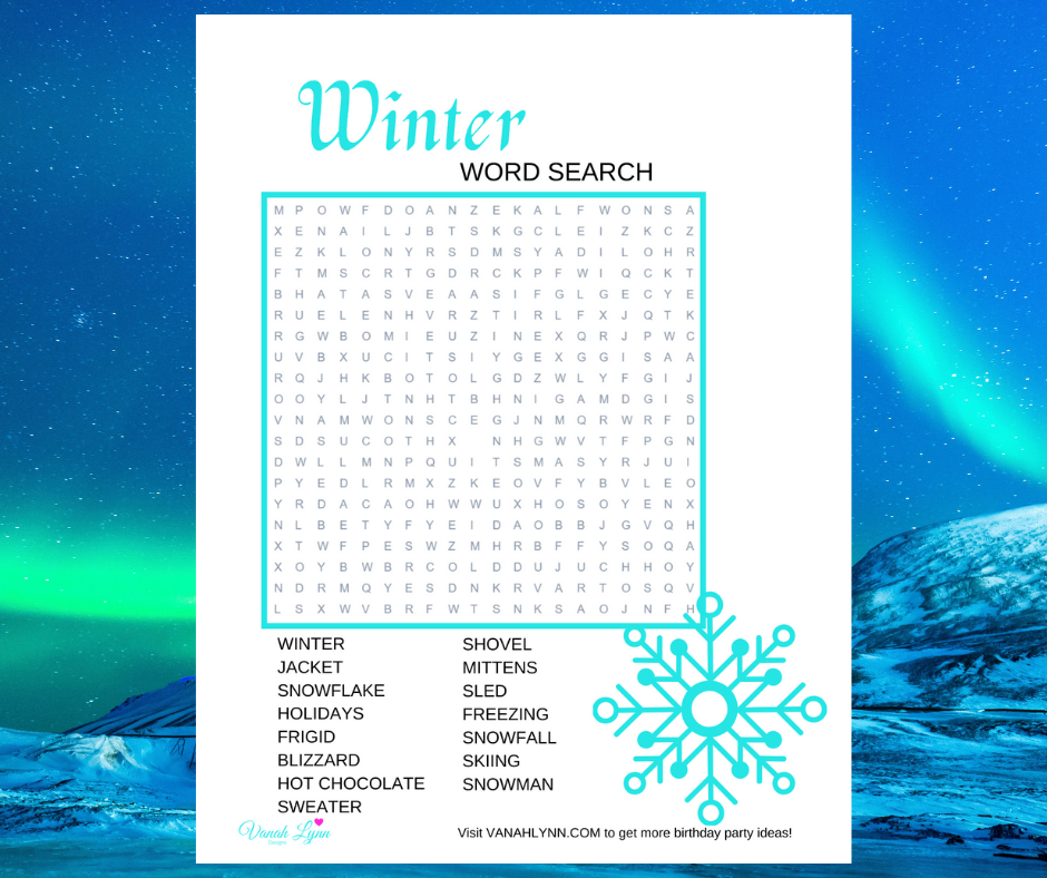 winter word search for little girls birthday party