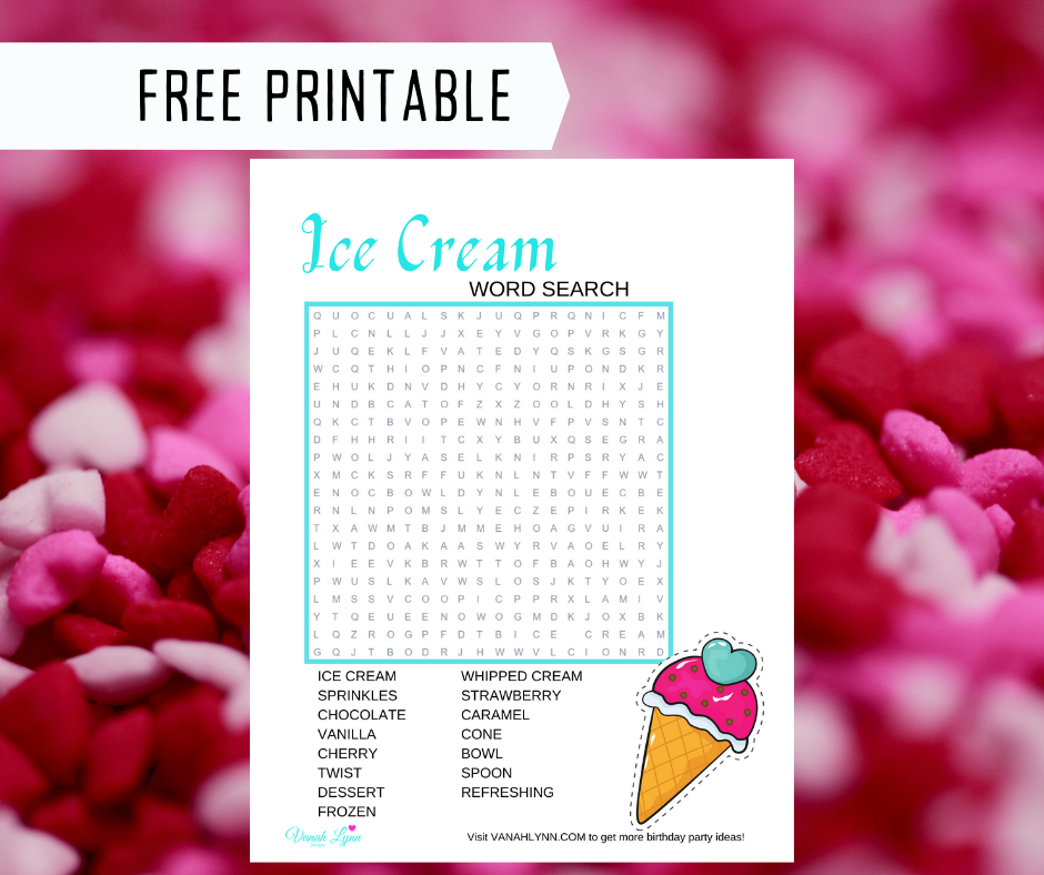 ice cream word search for kids birthday party