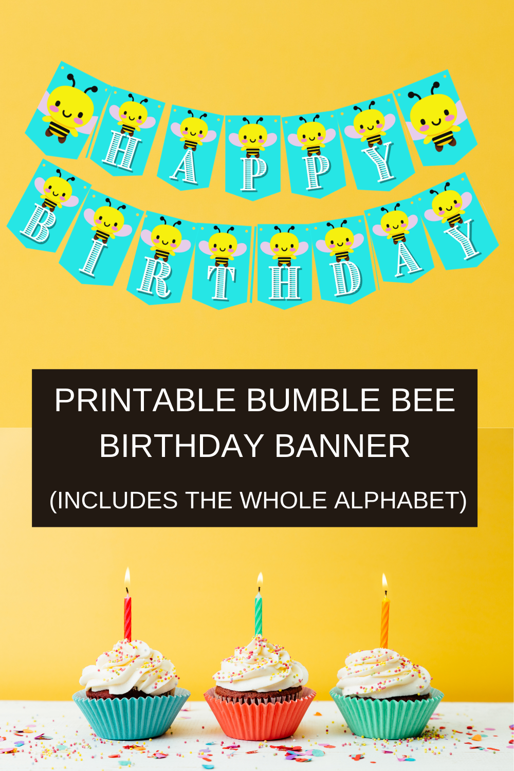 Yellow and Black Bumble Bee on a blue banner, with white lettering that says happy birthday