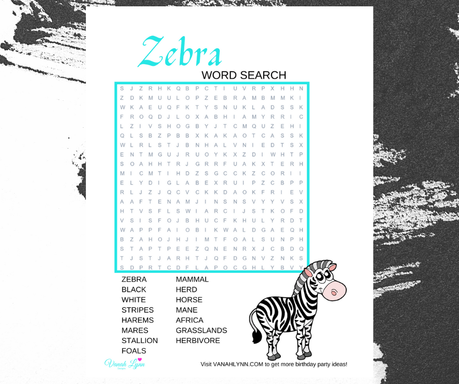 FREE Zebra Word Search | Printable Zebra Themed Activity Sheet | Zebra Word Find for Birthday Party