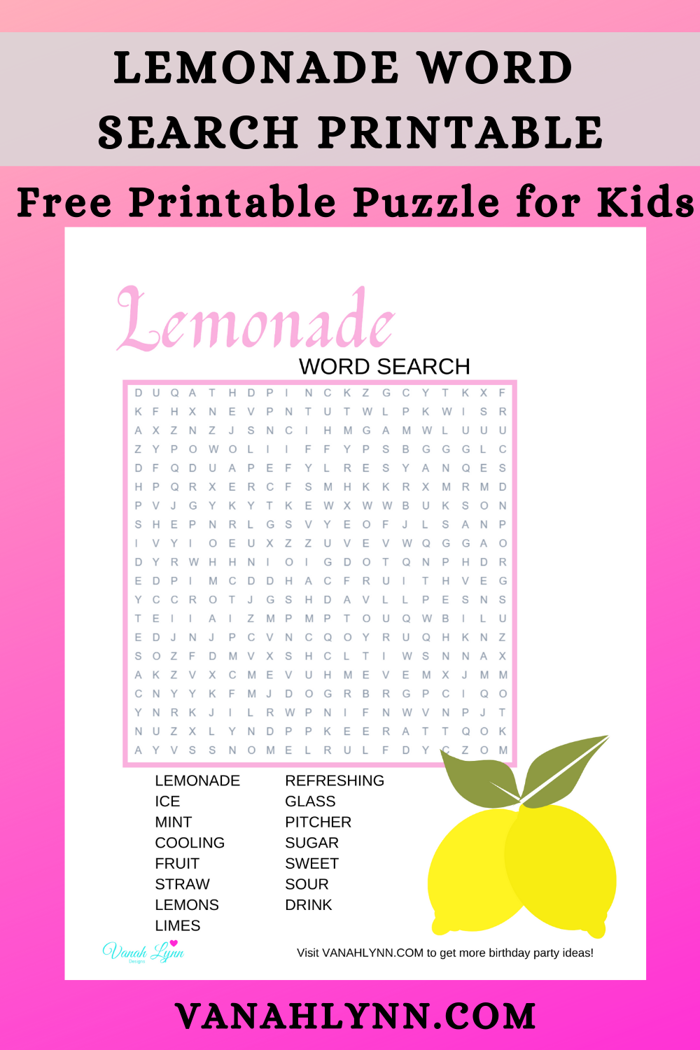 lemonade word search for a little girls birthday party