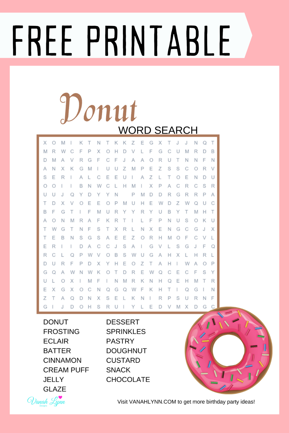 free printable donut word find for little girls birthday party