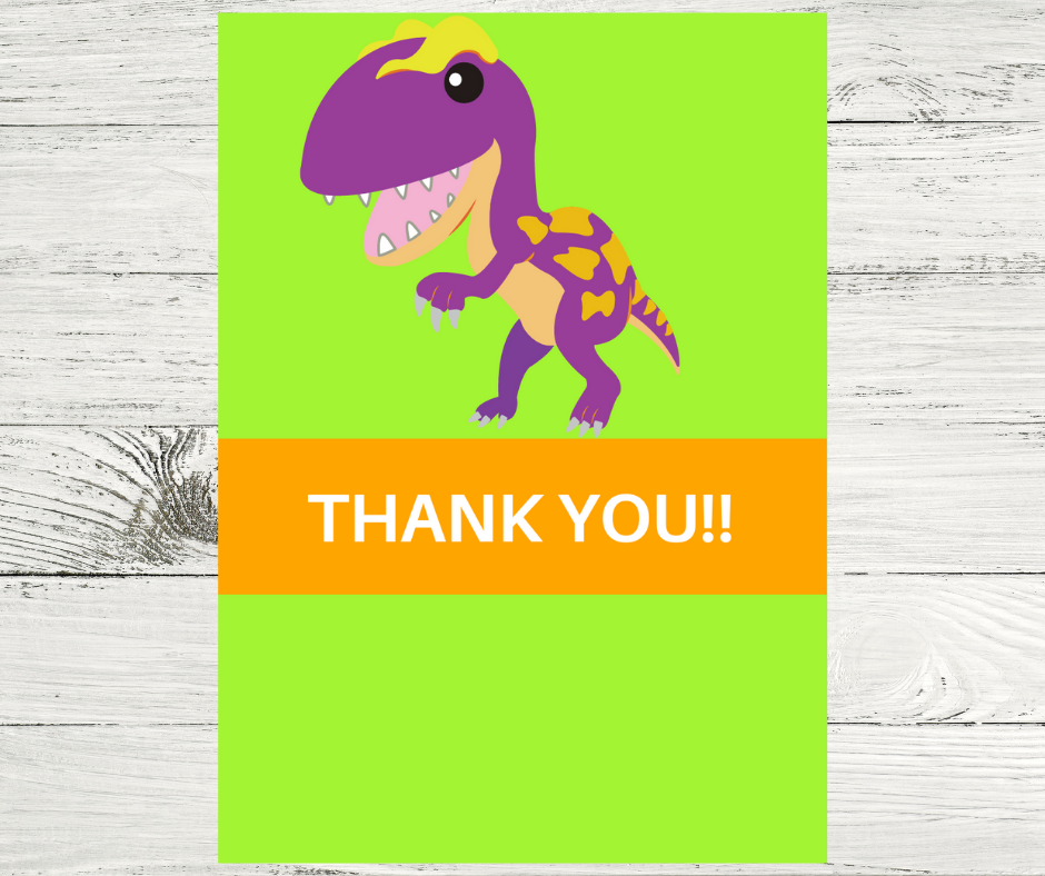 dinosaur themed thank you card for a little girls birthday party