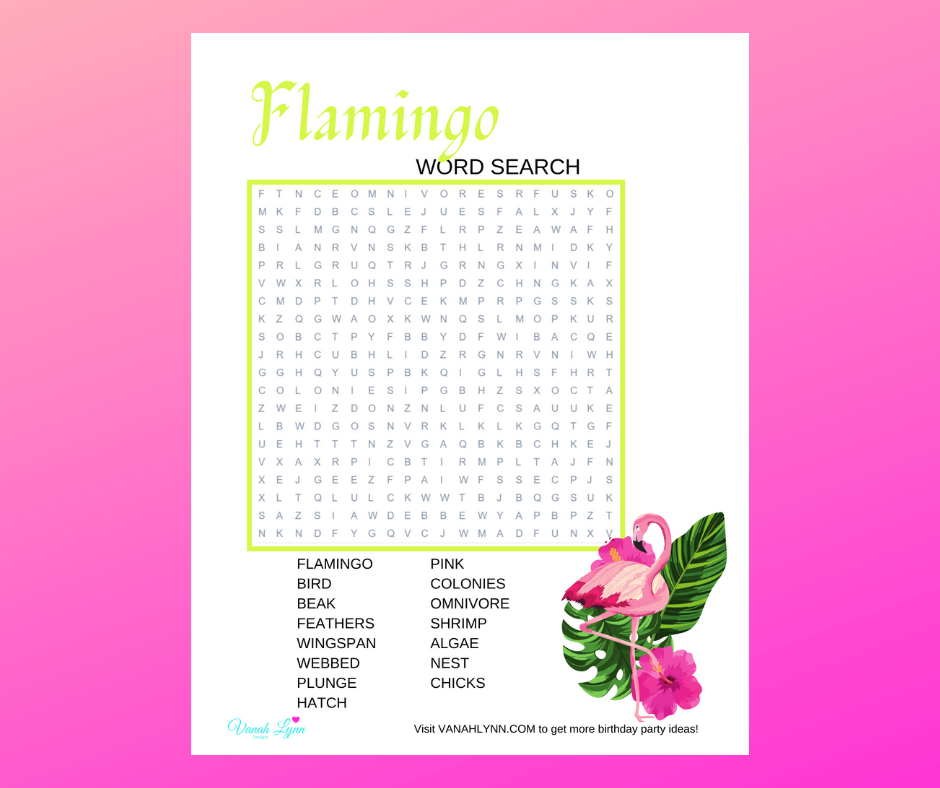flamingo word search for a kids birthday party