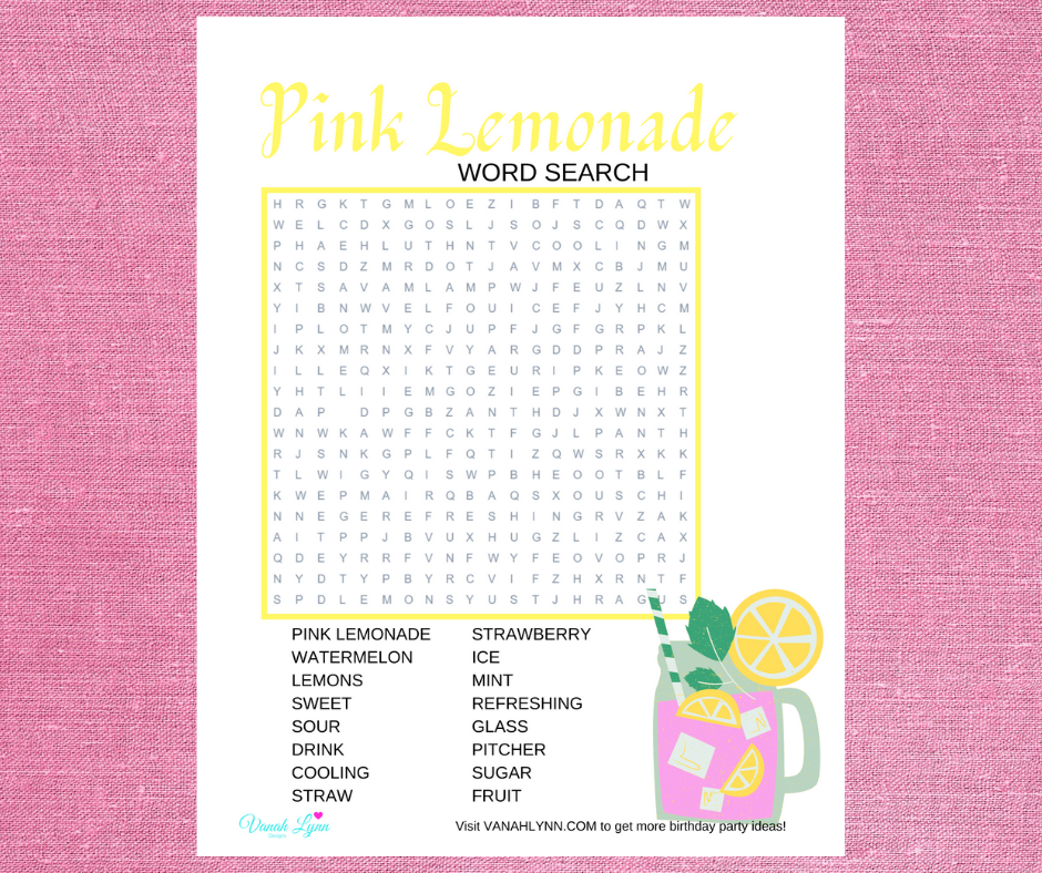 pink lemonade word search for a kids birthday party