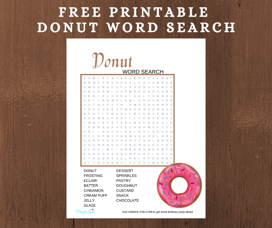 donut themed word search for a kids birthday party