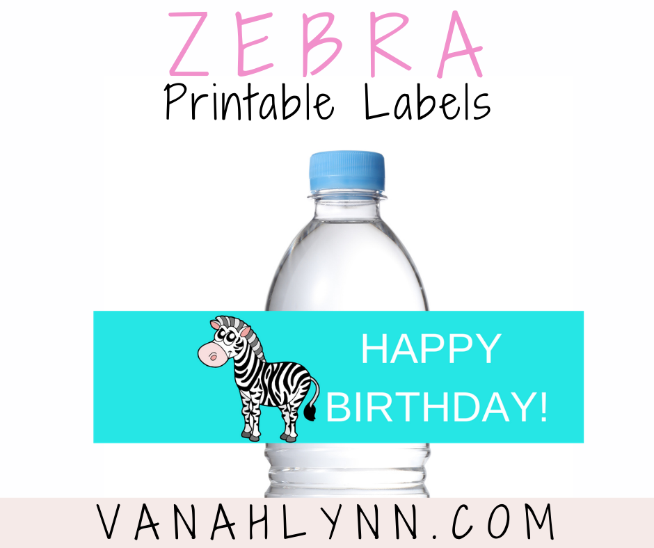 zebra water bottle label for a kids birthday party