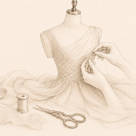 drawing of hands sewing couture