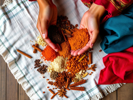 Hands arranging colorful textiles and spices on a linen cloth