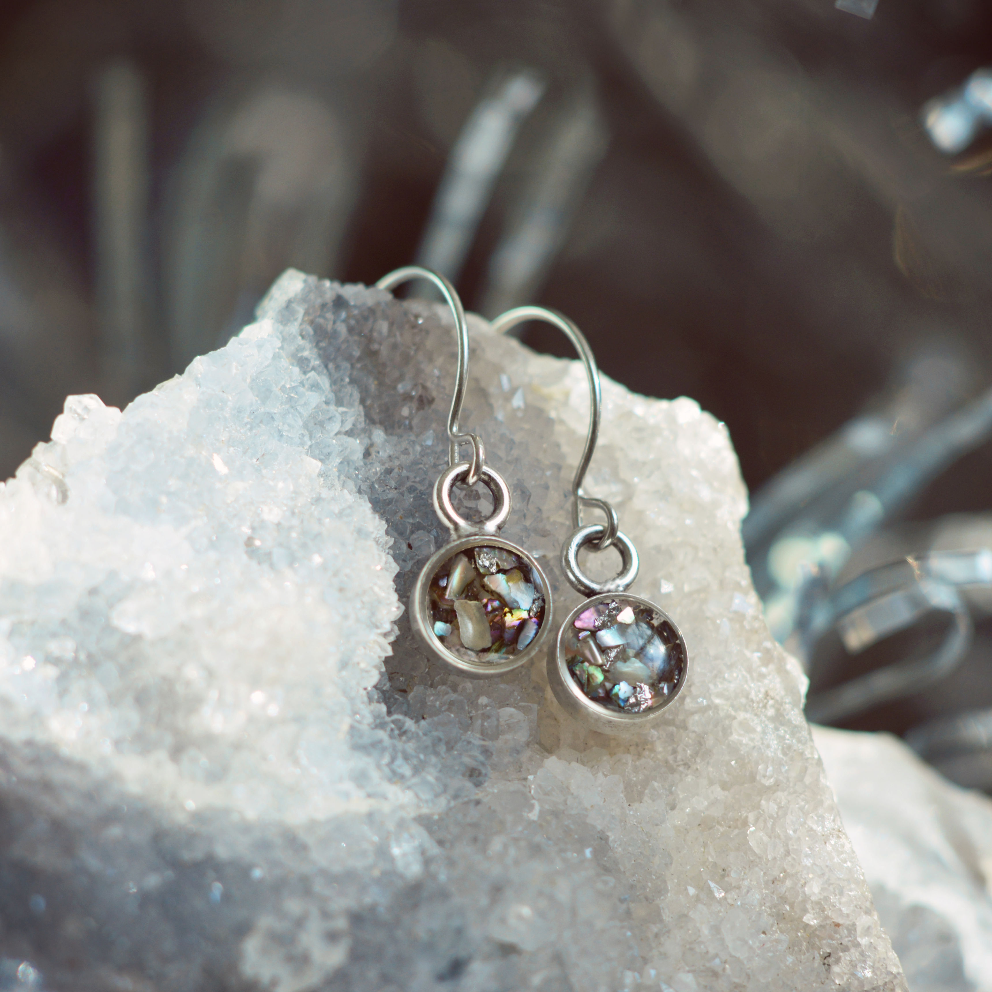 The Jane~ Sterling Silver Round Inlay Earrings raw stones and silver leaf