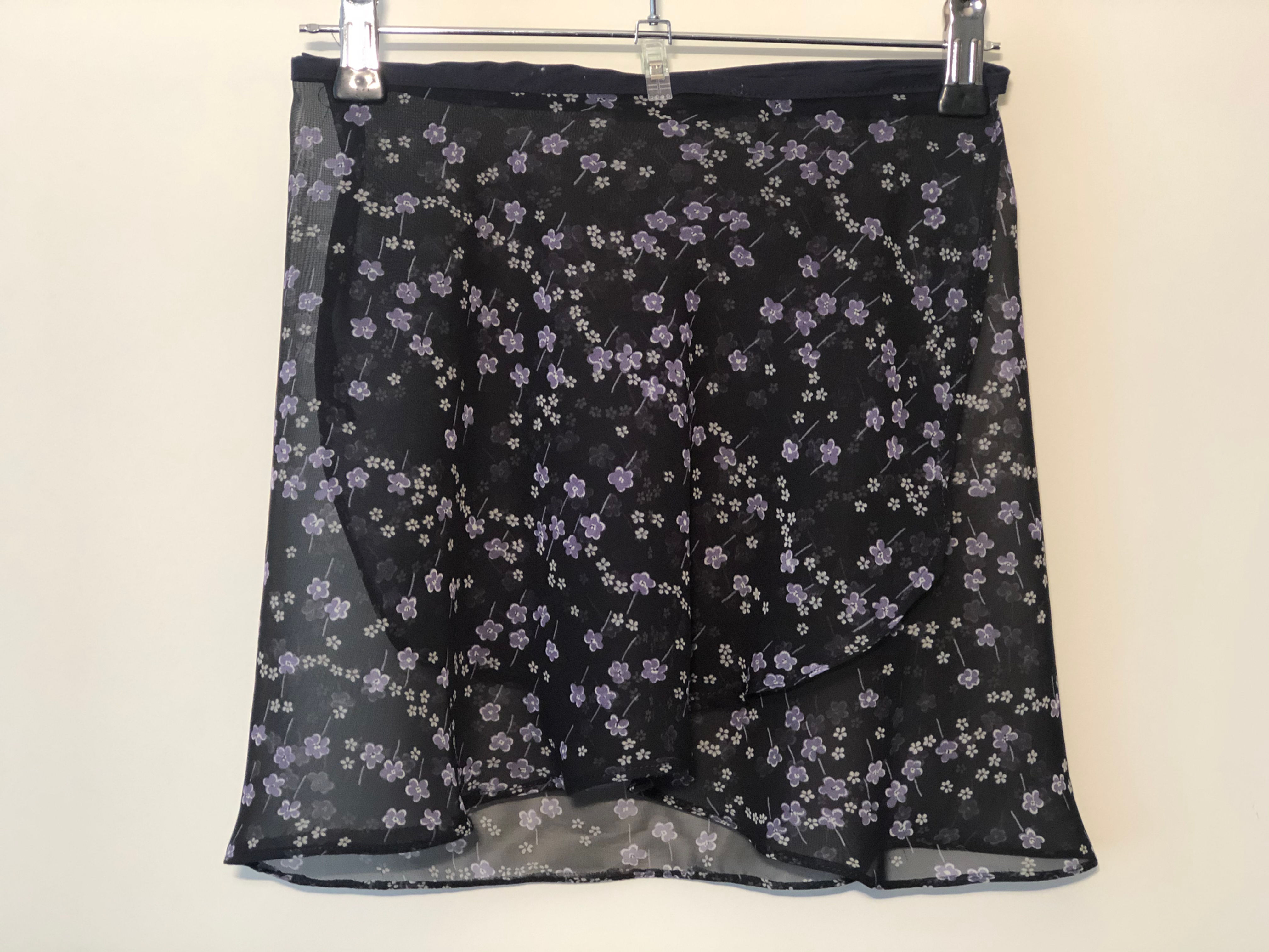 Ballet wrap skirt. Navy with tiny purple flowers. Fun and Floaty. Front View