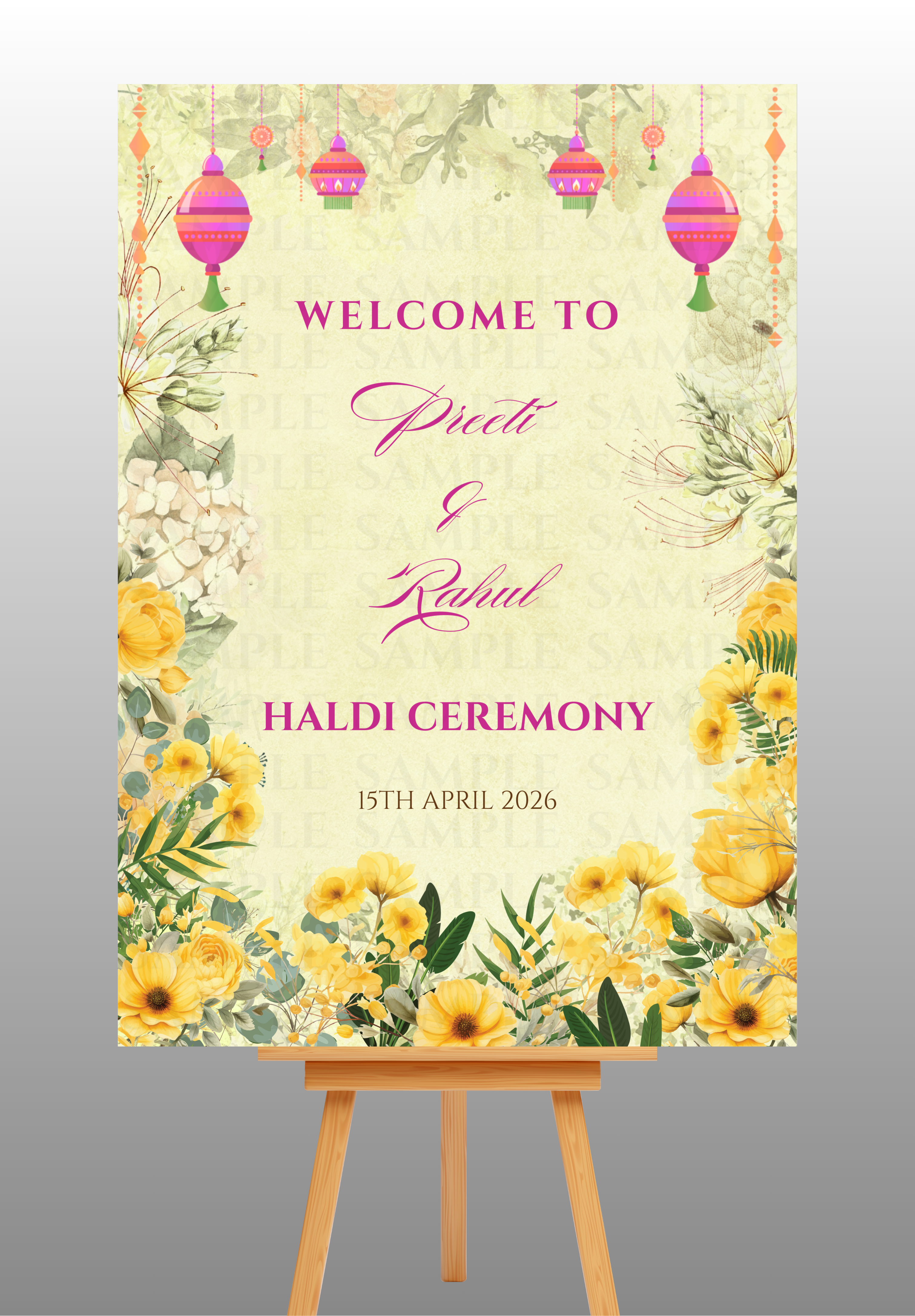 Yellow and Green Floral Haldi Welcome Board