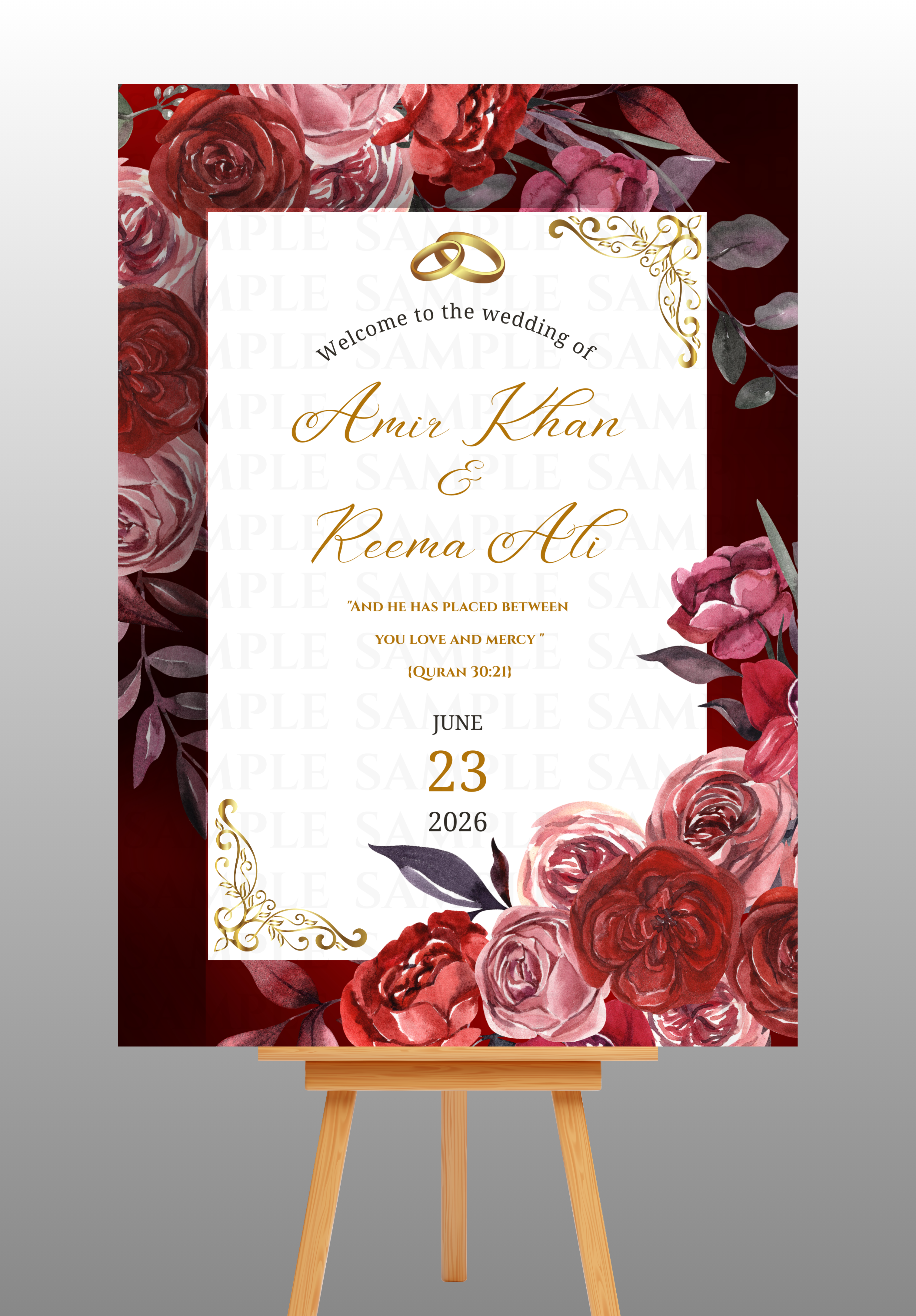 Red and Pink Floral Theme Wedding Welcome Board