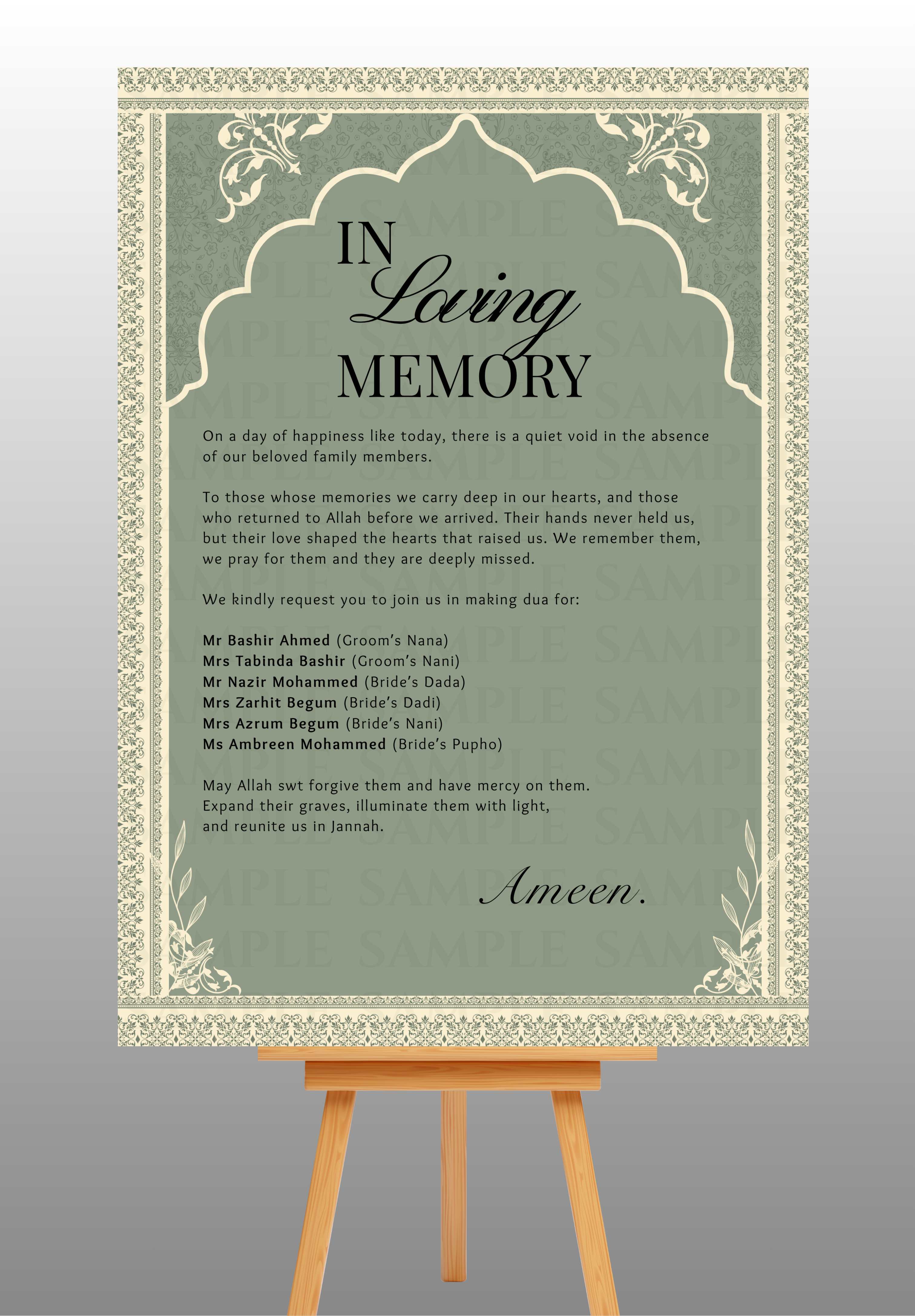 Green and Cream Frame In Loving Memory Board