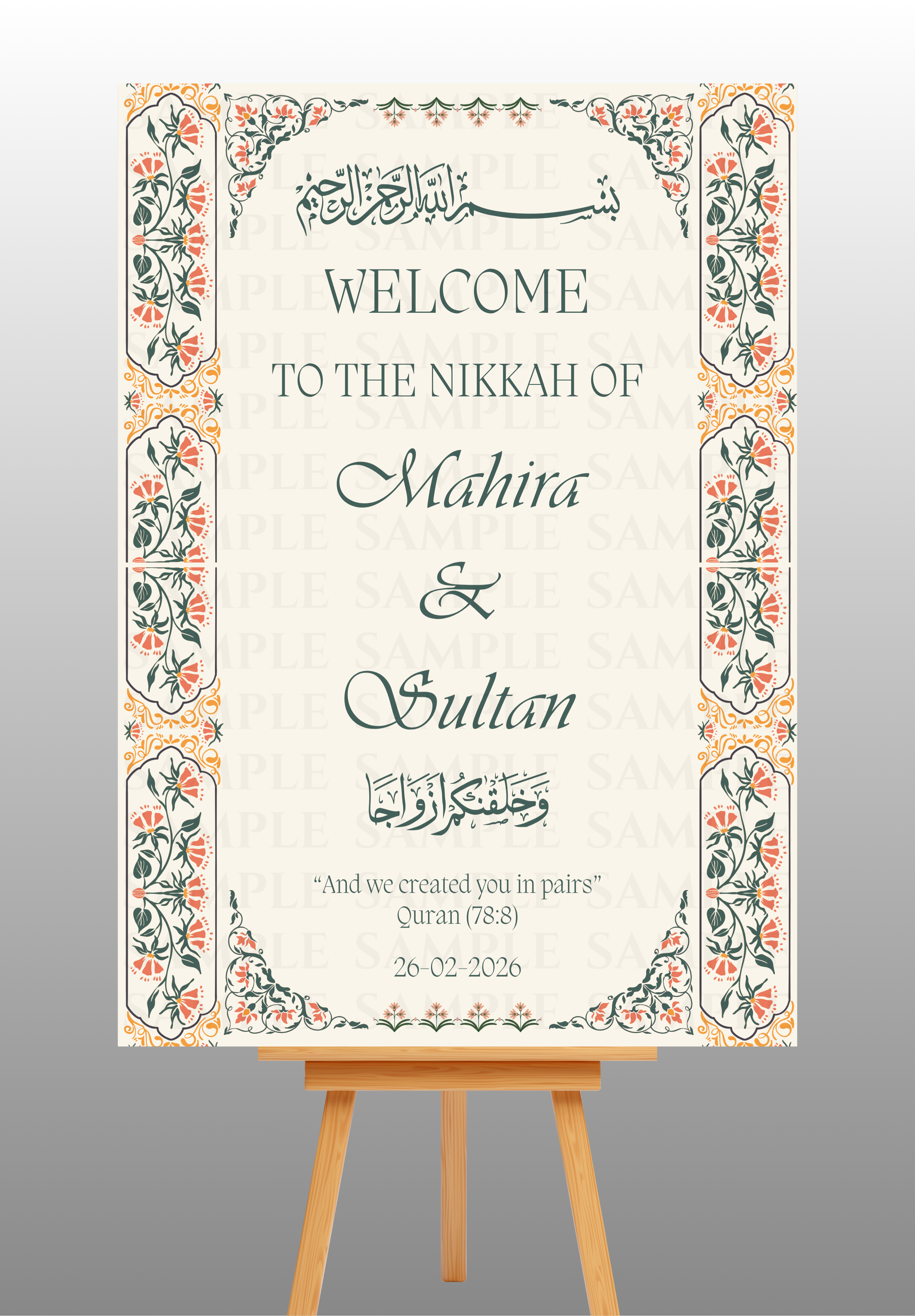 Elegant Orange Floral Frame Nikkah Welcome Board