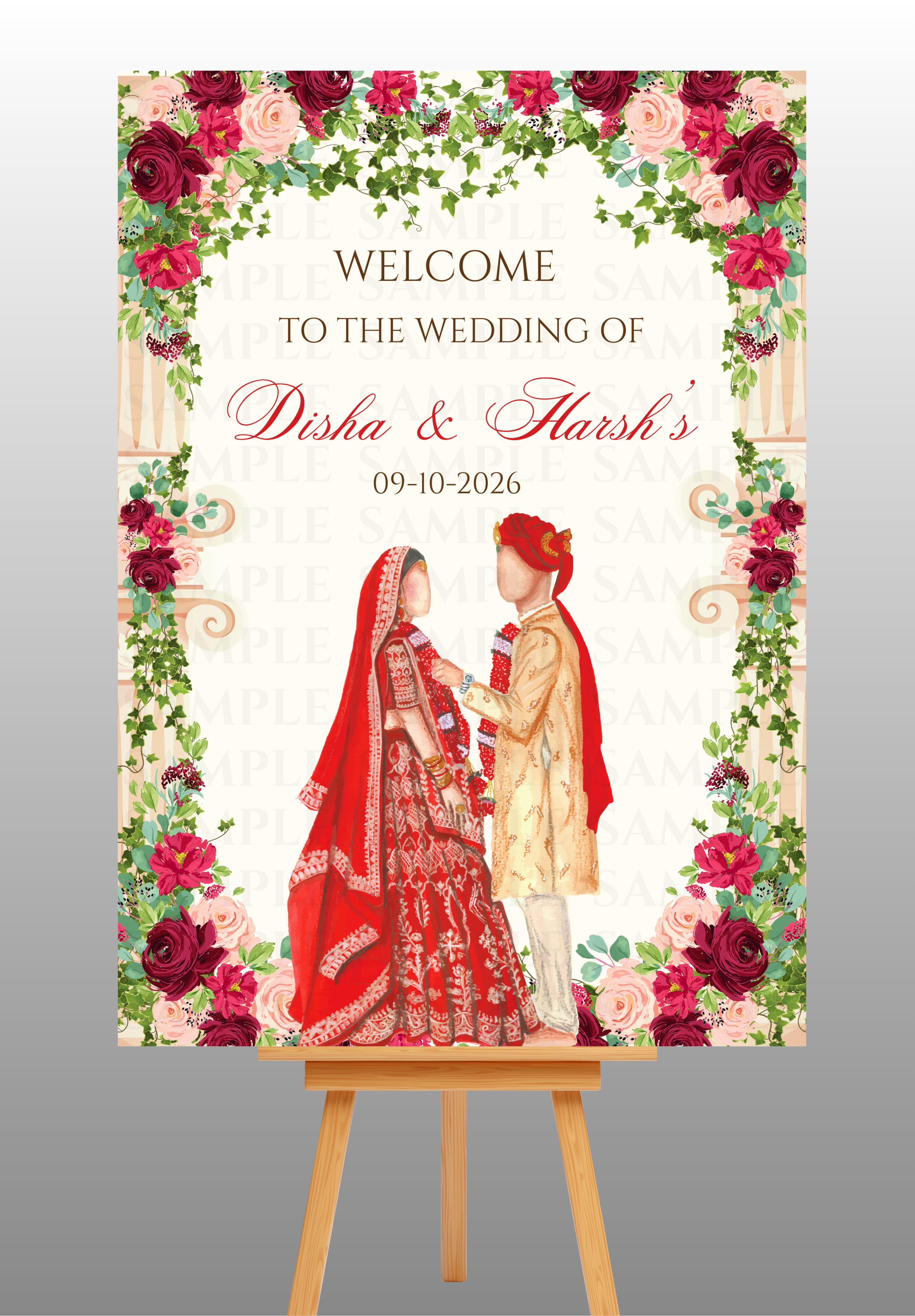 Red and Green Flowers With Illustration Wedding Welcome Board
