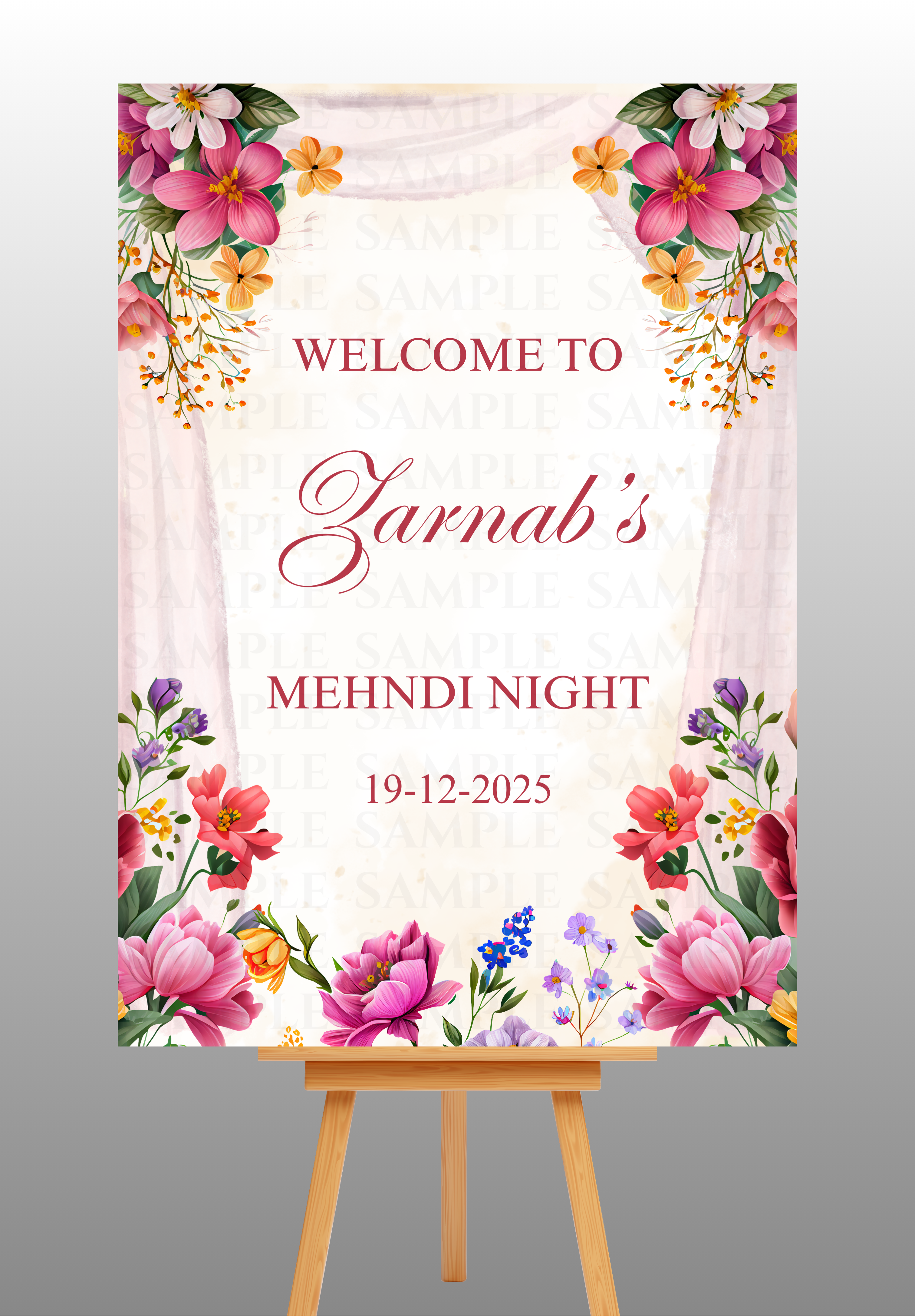 Elegant Multifloral Mehndi Welcome Board