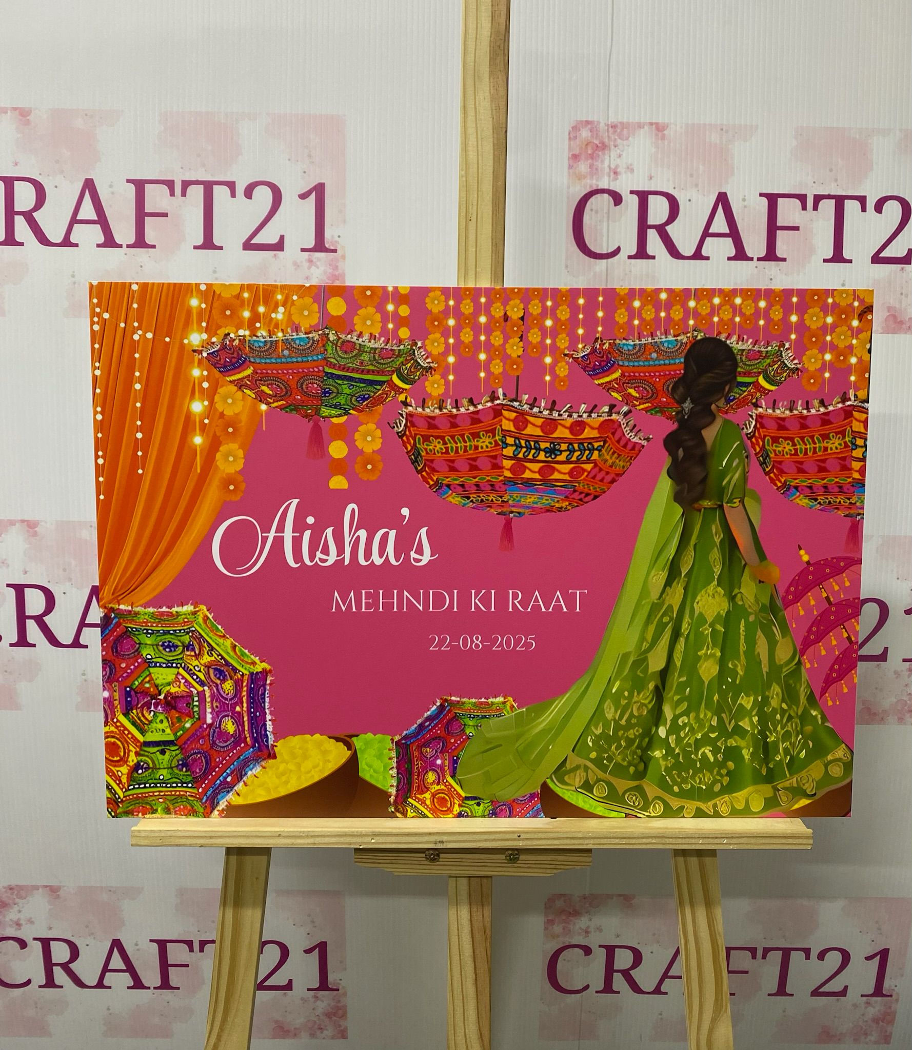 Pink and Green Customisable Bride Mehndi Welcome Board