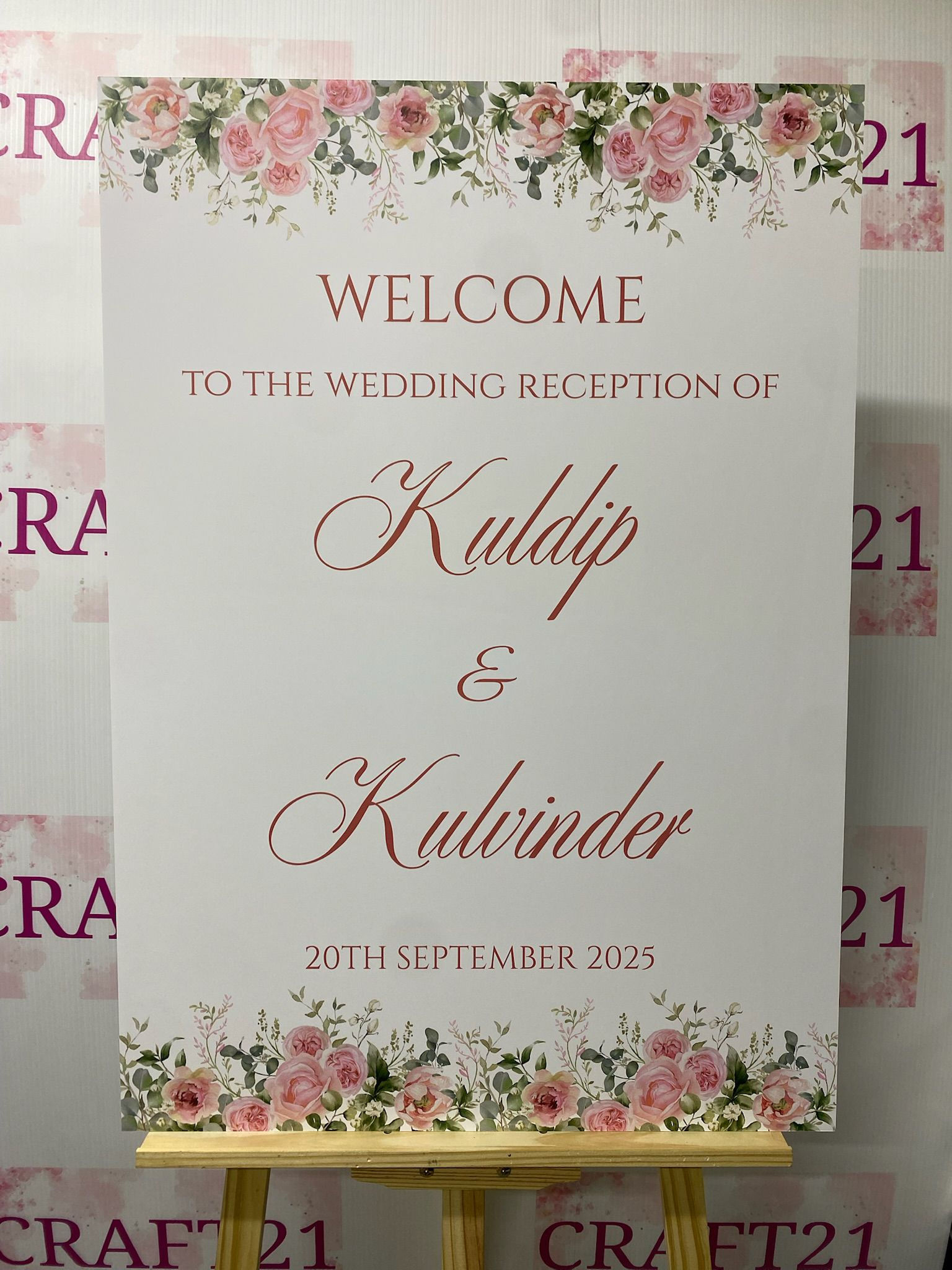 Pink and White Floral Wedding Welcome Board