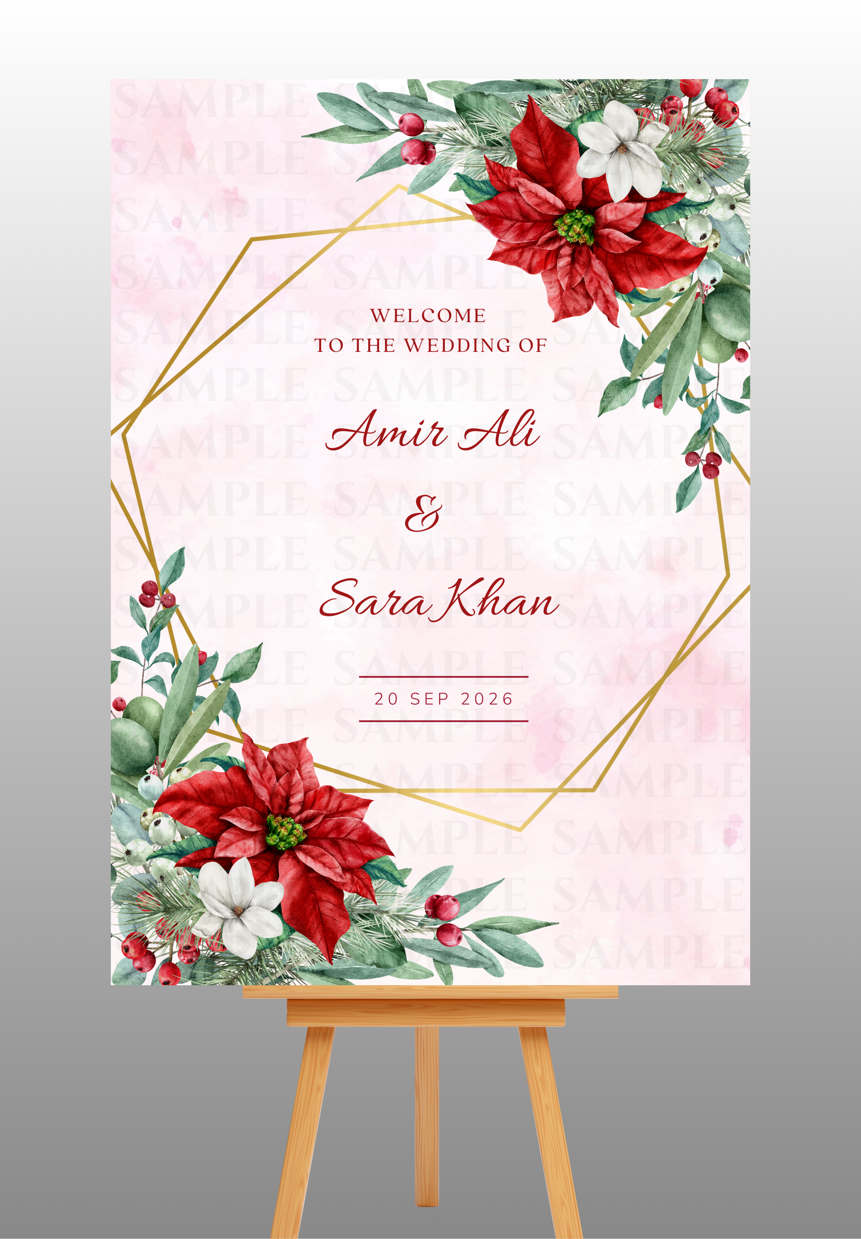 Red and Green Flowers With Gold Frame Wedding Welcome Board