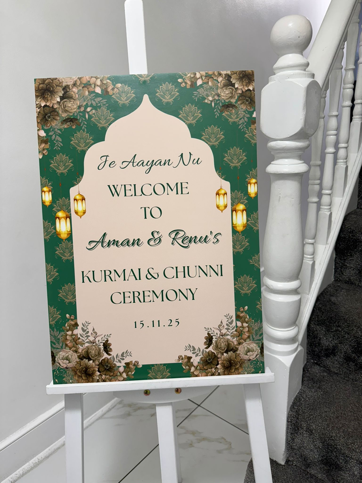 Sage Green and Cream Patterned Engagement Welcome Board