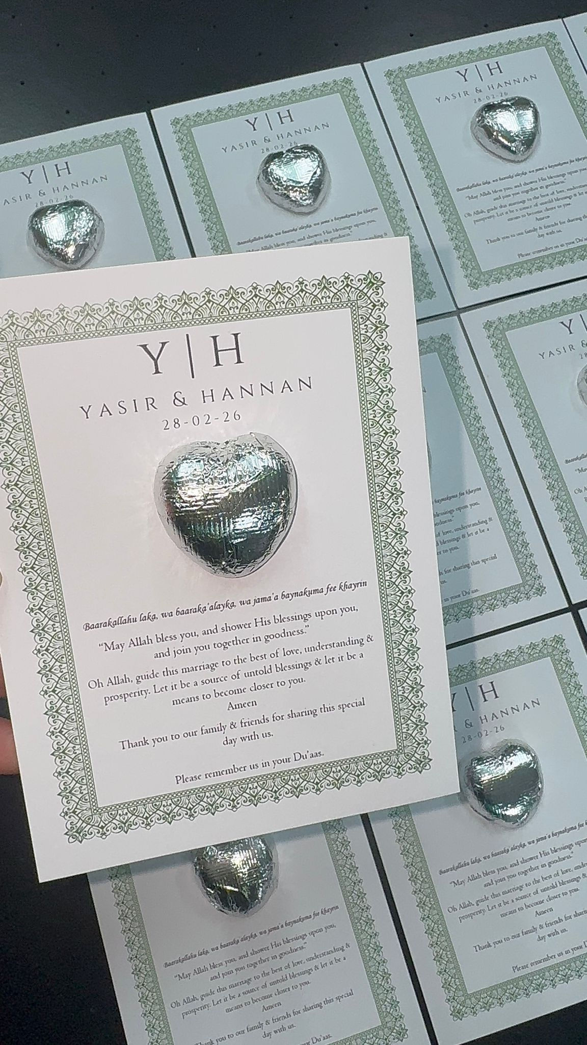 Elegant Light Green Bordred Silver Heart Chocolate Favours