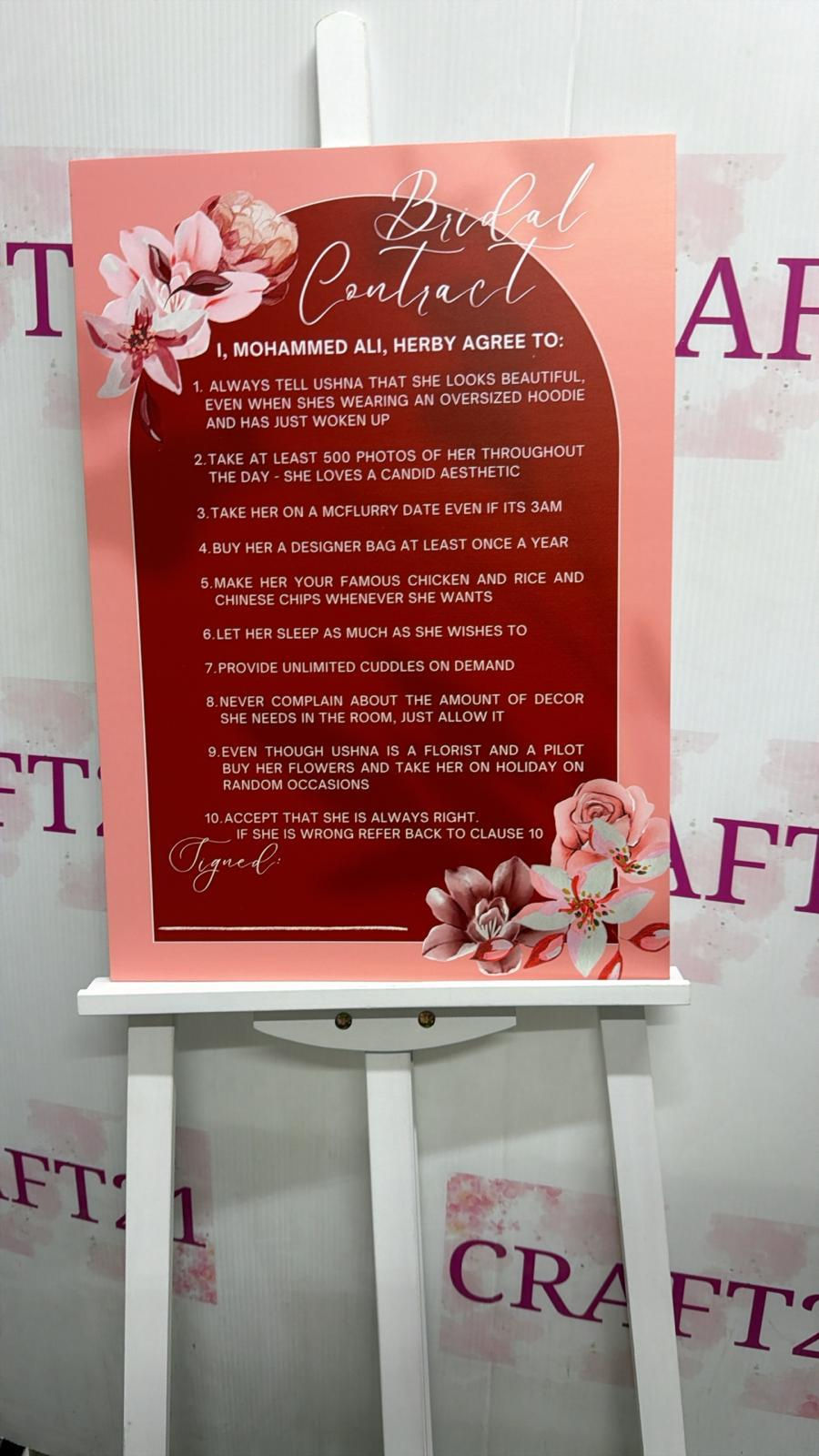 Burgundy Floral Wedding/Bridal Contract Board