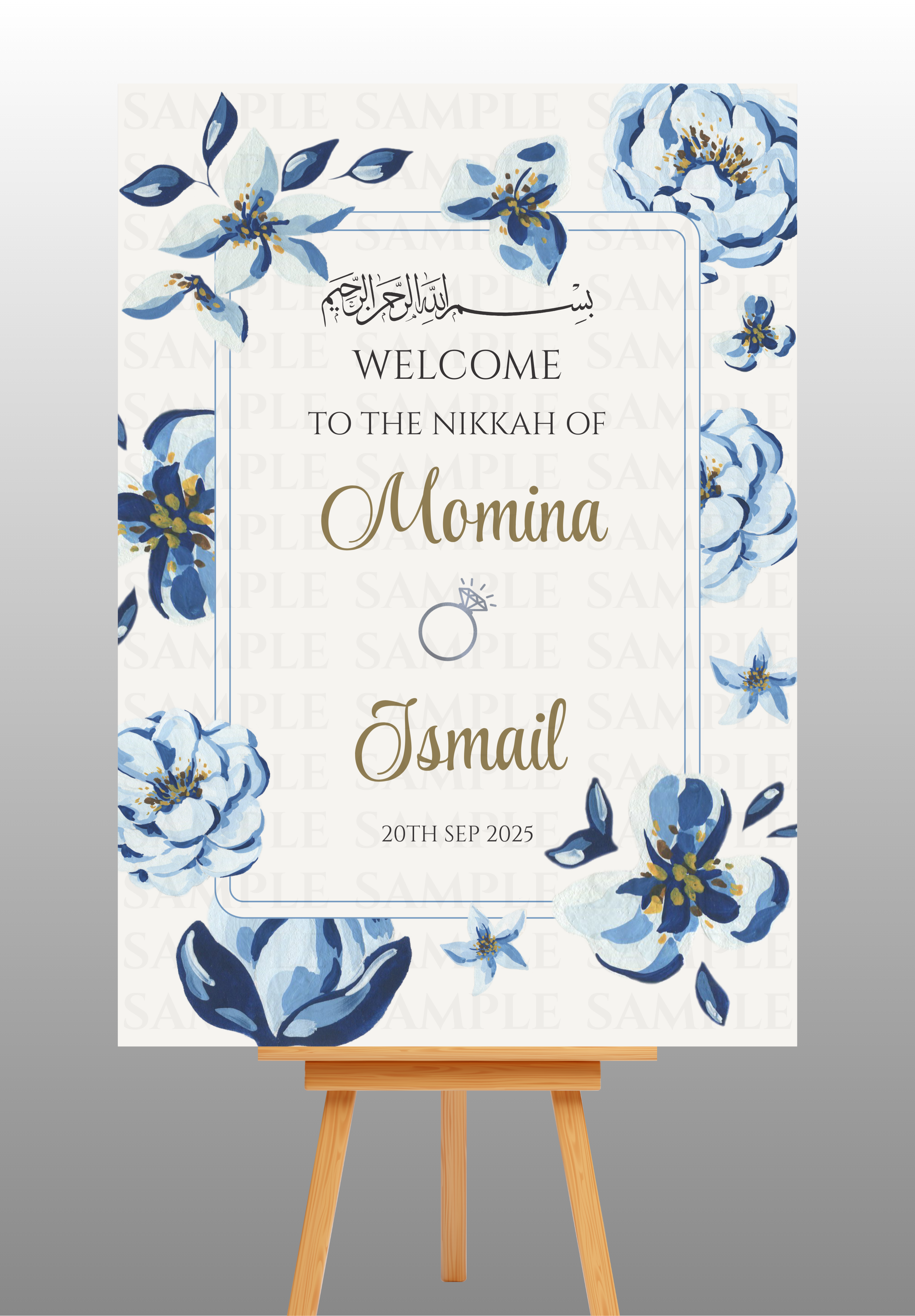 Light and Dark Blue Floral Nikkah Welcome Board