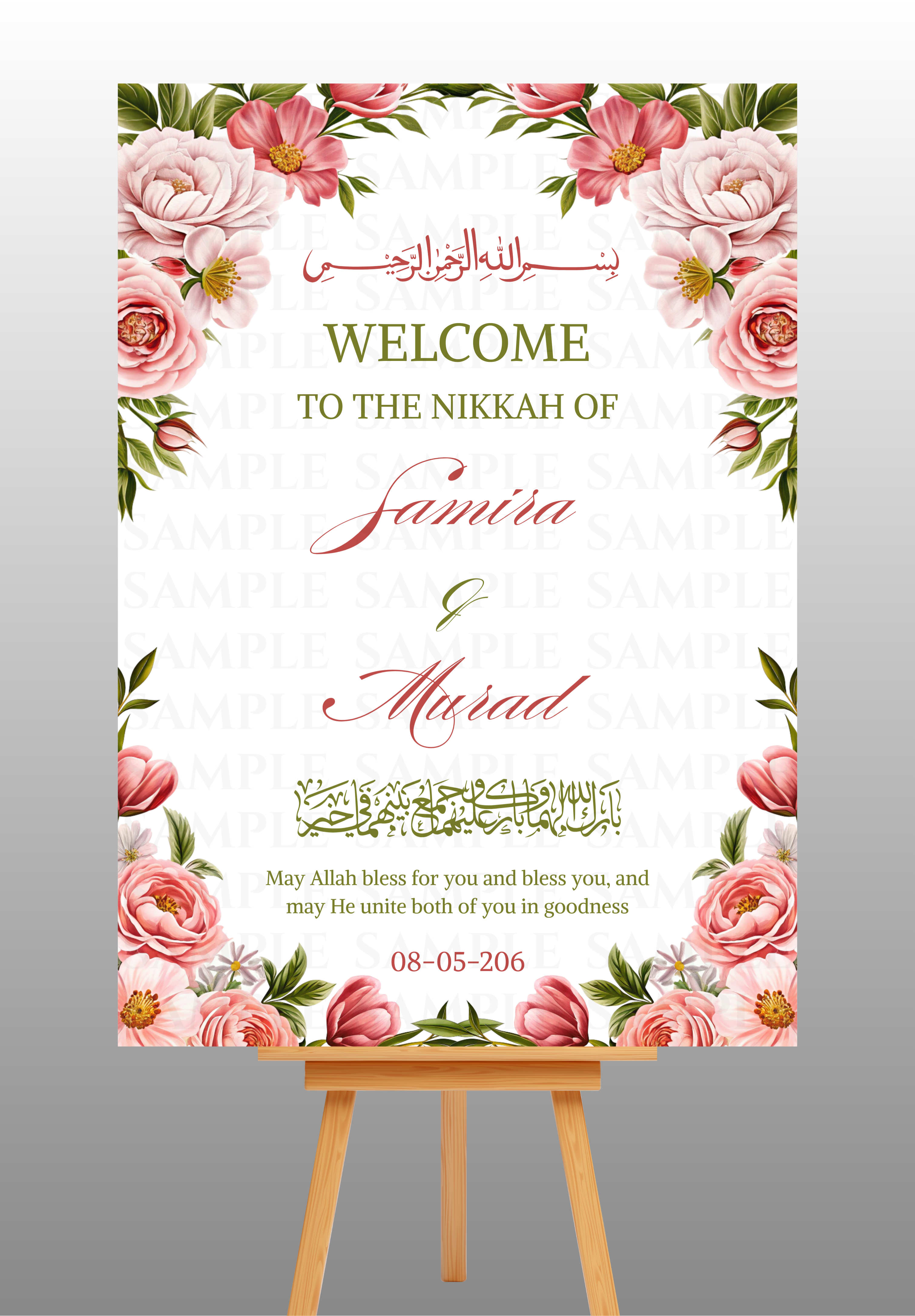 Elegant Pink Floral Nikkah Welcome Board
