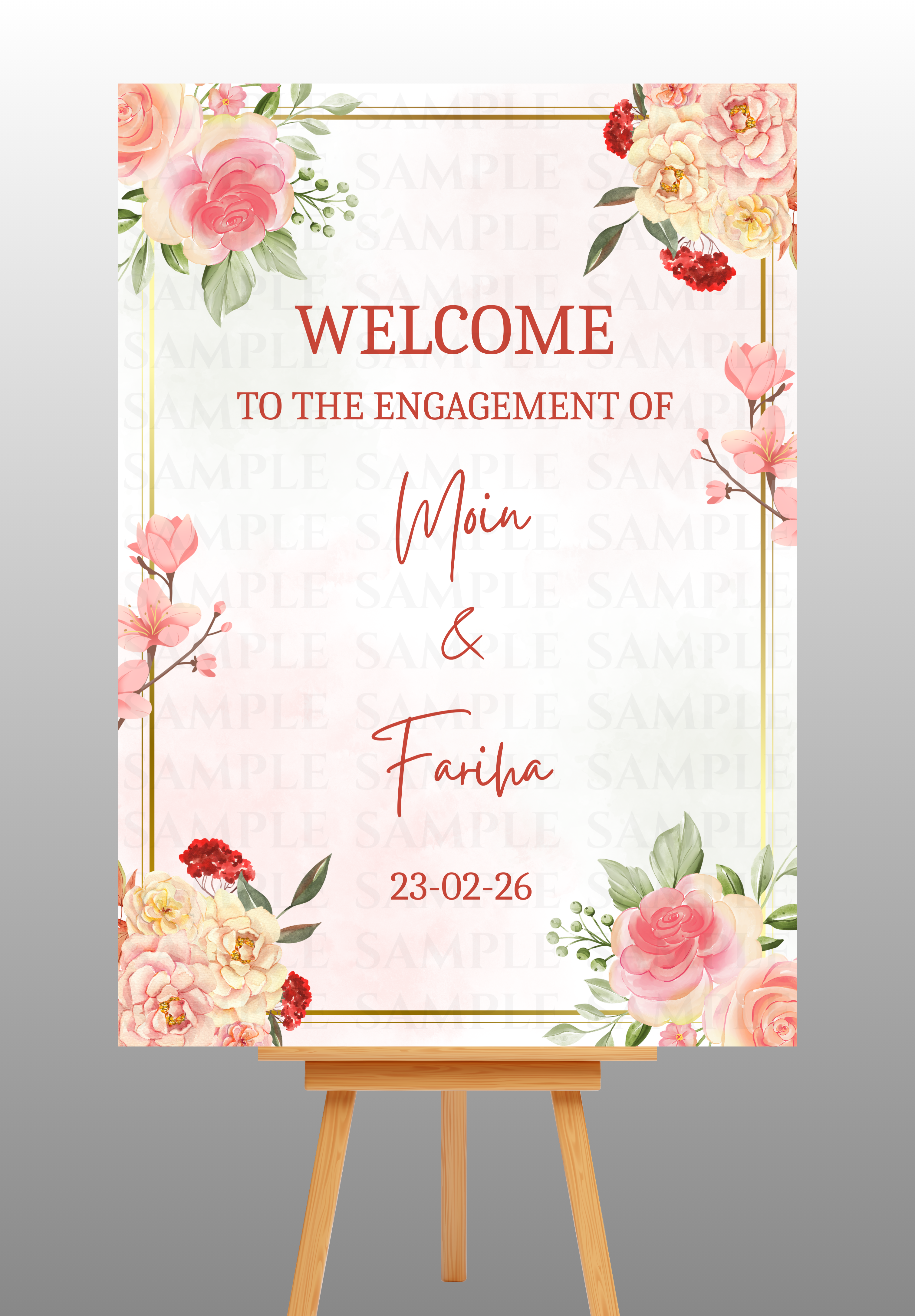 Pink Flowers With Gold Frame Engagement Welcome Board