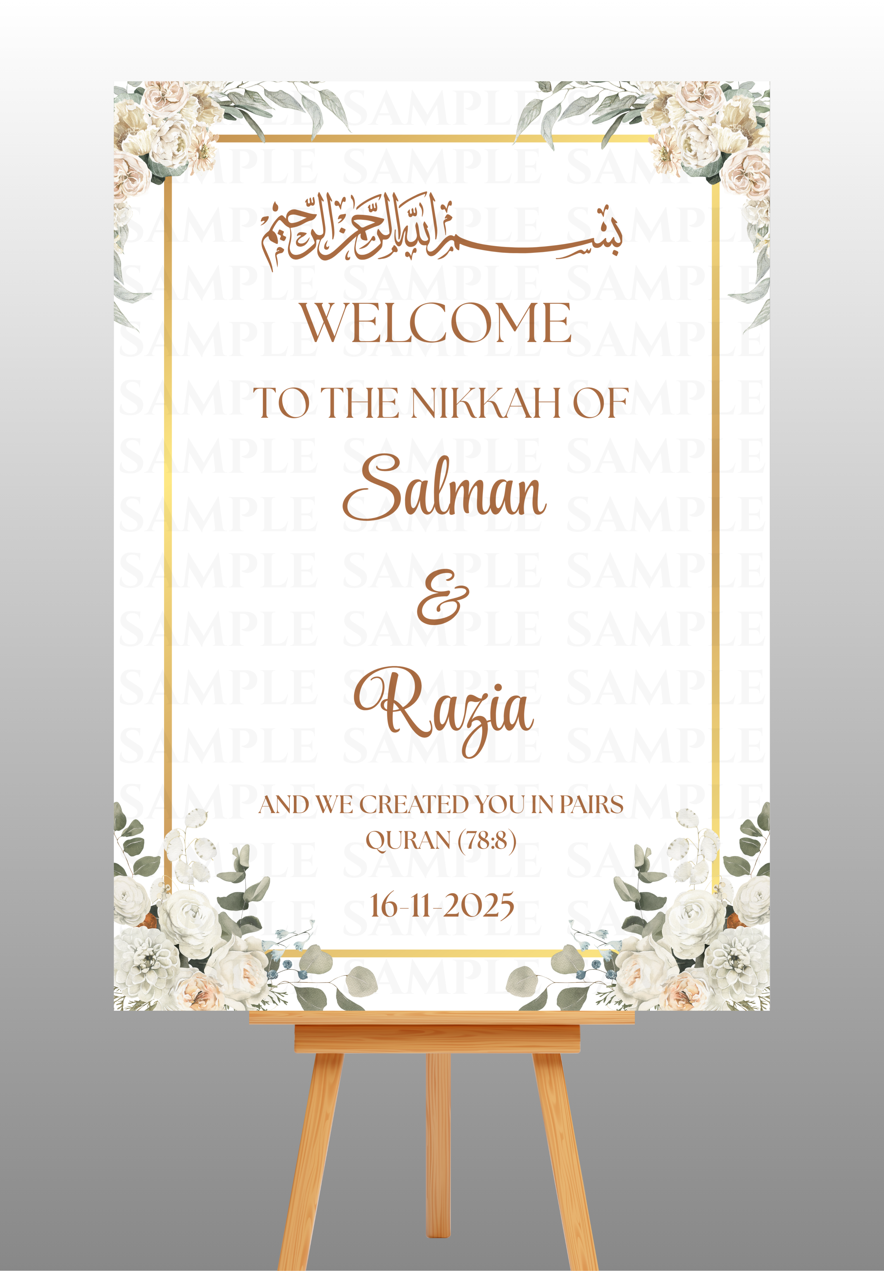 White Floral With Gold Frame Nikkah Welcome Board