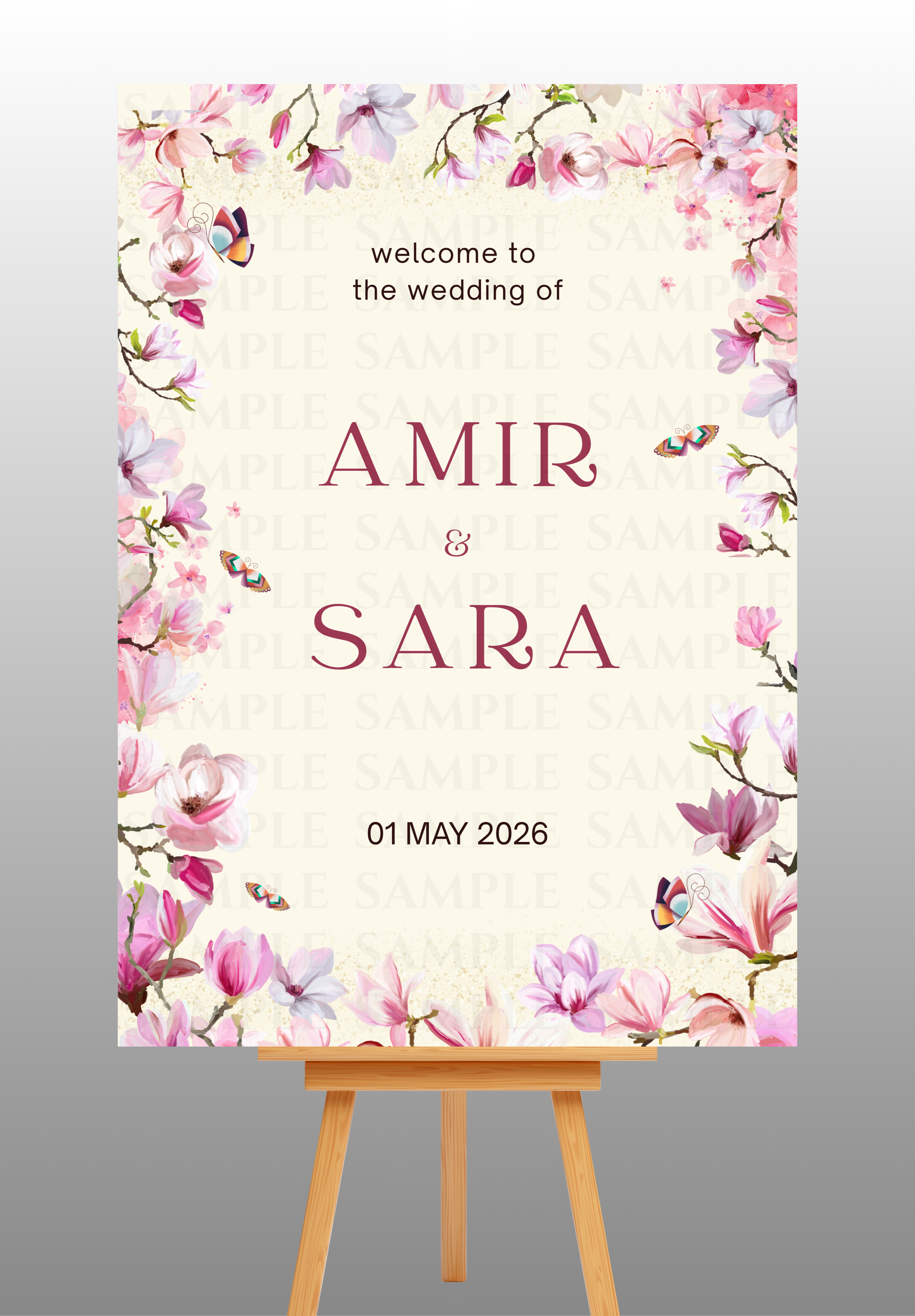 Elegant Watercolour Pink and Purple Floral Wedding Welcome Board