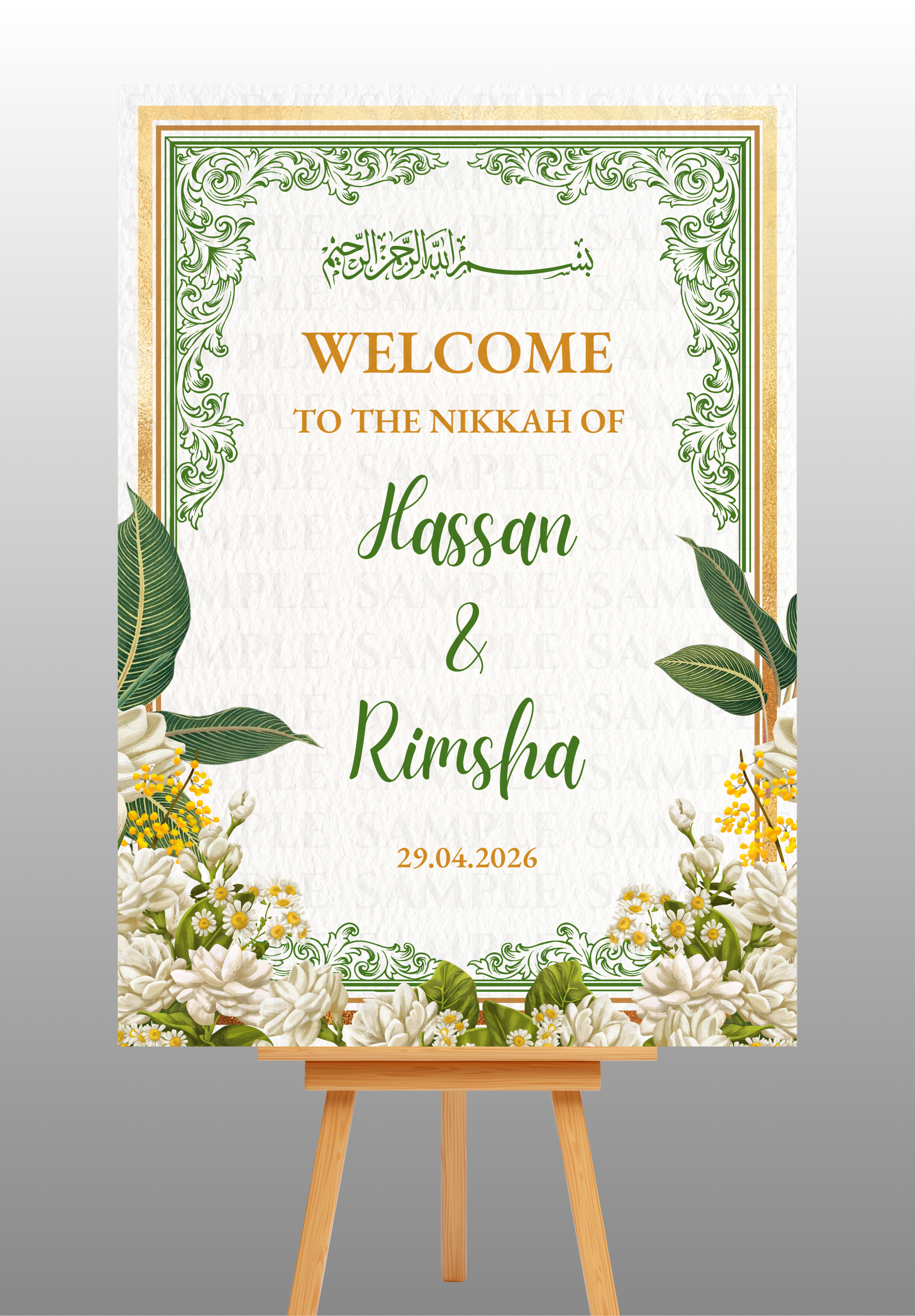 White Green and Gold Floral Nikkah Welcome Board