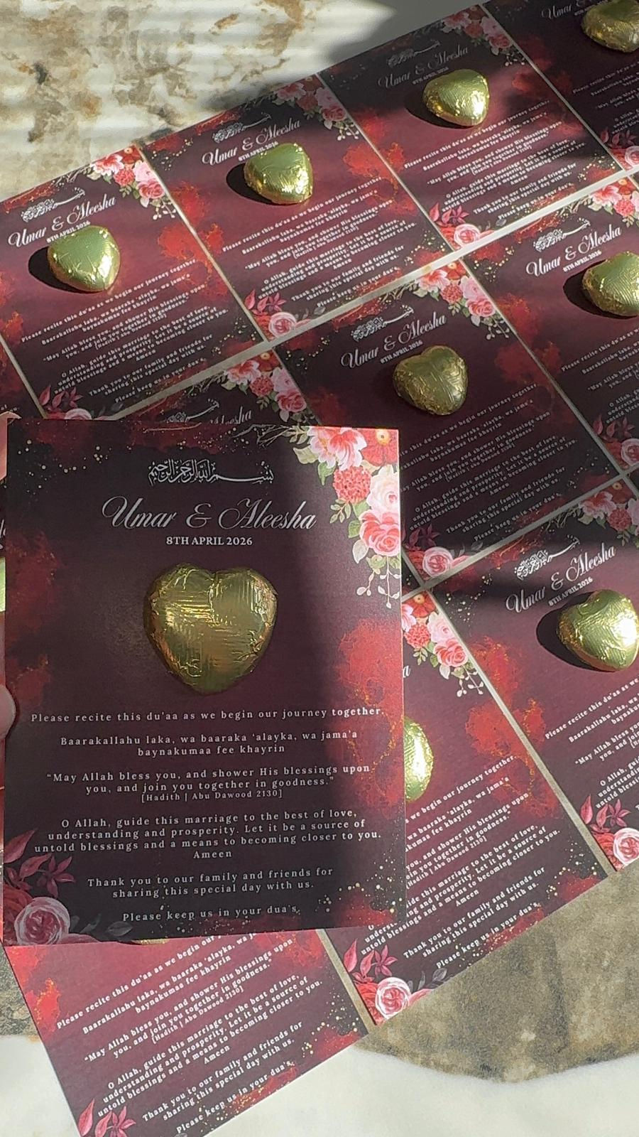 Burgundy Theme With Pink Flowers Heart Chocolate Favours