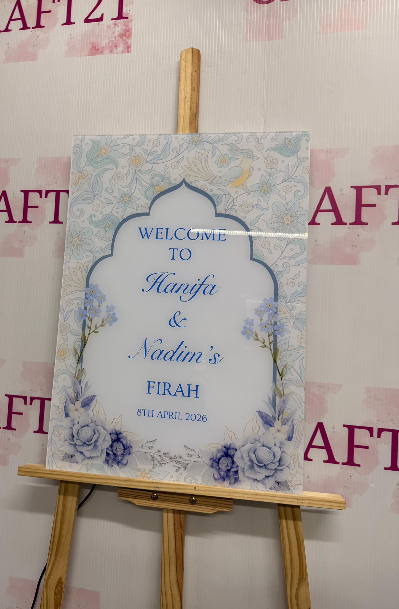 Light Blue Floral Arch Acrylic Firah Welcome Board